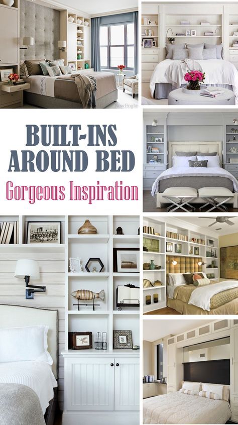 Built-ins Around Bed - Gorgeous Inspiration Boys Bedroom Storage, Bedroom Storage For Small Rooms, Beautiful Bed Designs, Bedroom Built Ins, Diy Bedroom Storage, Built In Bed, Bedding Inspiration, Build A Closet, Tiny Bedroom