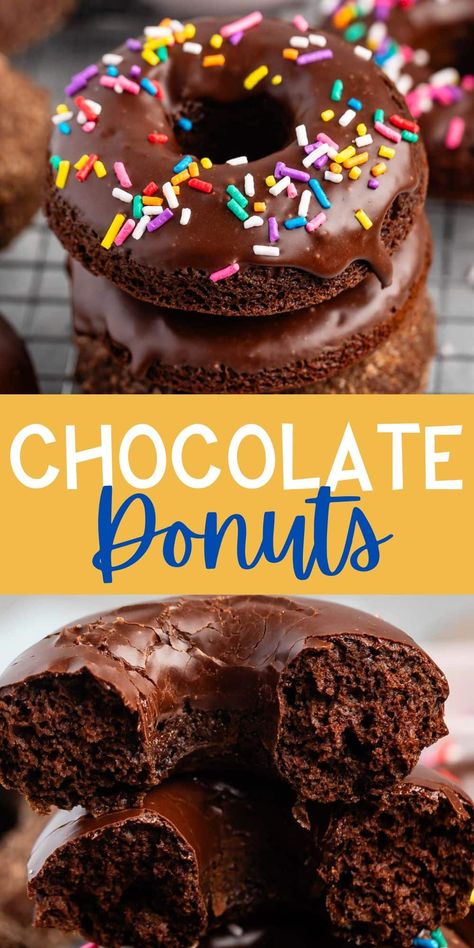 Make the BEST Baked Chocolate Donuts recipe - these are easy baked donuts with chocolate glaze or make them cinnamon sugar donuts! Homeschool Meals, Baked Donuts Easy, Donut Calories, Breakfast Donuts, Keto Donuts, Chocolate Ganache Frosting, Ganache Frosting, Holidays Ideas, Easter Breakfast