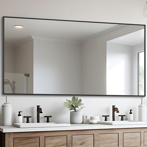 PRICES MAY VARY. HIGH-DEFINITION IMAGING MIRROR: Bathroom wall mirrors are made of high quality glass, the reflection effect is clear and real, not distorted, giving you the most realistic visual experience, which will also make your room more comfortable and beautiful. HIGH QUALITY MIRROR FRAME: The rectangular frame is waterproof, rust-proof and crack-proof, which can meet your sturdy use needs; the polished design of the frame brings you a comfortable touch, and the rectangular corner design Black Bathroom Mirror Thick Frame, Modern Bathroom Mirrors Square, Rectangle Light Above Rectangle Bathroom Mirror, Bathroom Mirror Offset Sink, Wall Mounted Mirror For Double Vanity, Swuare Bathroom Mirror, Large Vanity Mirror Overstock, Double Vanity Three Mirrors, Extending Bathroom Mirror