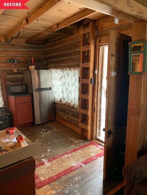 Other people would have torn this cabin down entirely! READ MORE... Cabin Remodel Before And After, One Room Cabin Interior, Old Cabin Interior, Small Rustic Cabin, Log Cabin Remodel, Tiny Cabins Interiors, Cabin Makeover, One Room Cabin, Small Cabin Interiors