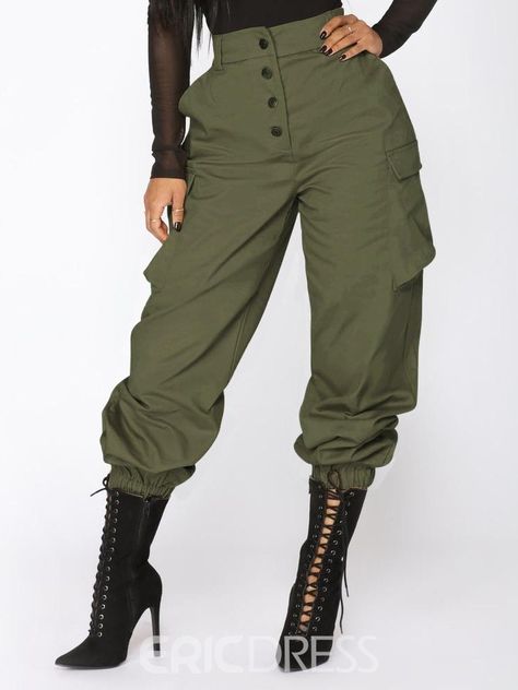 Ericdress Plain Loose Button High Waist Overall Casual Cargo Pants Casual Cargo Pants, Joggers Outfit, Stylish Women Fashion, Fashion Bottoms, Casual Wide Leg Pants, Women Street, Cargo Pants Women, Plaid Pants, Women Pants Casual