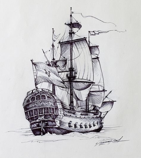 ship by vrouwvanrinus, via Flickr Ships Drawing, Drawing Ship, Pirate Ship Drawing, Ship Drawings, Ship Tattoos, Pirate Ship Tattoos, Ship Sketch, Pirate Ship Tattoo, Ship Pirate