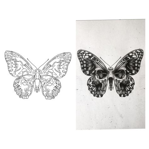 Gothic Butterfly Tattoo Designs, Butterfly Skull Tattoo For Women, Grunge Butterfly Tattoo, Butterfly Skeleton Tattoo, Skull Butterfly Tattoo Design, Butterfly Skull Tattoo, Tattoo Papillon, Butterfly Sleeve Tattoo, Calavera Tattoo