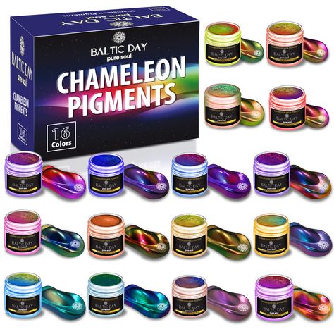 PRICES MAY VARY. Chameleon Mica Powder - The set includes 16 chameleon mica powders. Each jar contains 0.1oz bottles covering hues of all shades with an eye-catching color changing and shimmering glow. Epoxy Resin Pigment for Jewelry Making - this resin pigment powder set is ideal for epoxy jewelry making. Metallic mica powders will help you create your own jewelry with vibrant colors. Color-Shift Mica Powder Versatility - highly pigmented and very strong powders will give you the exact chameleo Color Changing Paint, Epoxy Jewelry, Resin Pigment, Chameleon Color, Wood Burning Kits, Candle Supplies, Wedding Bottles, Resin Supplies, Pigment Powder