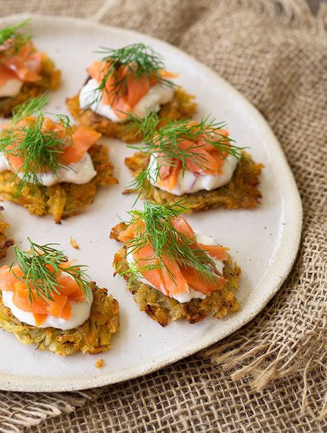 Smoked Trout & Mini Potato Rosti Canapes | www.bellyrumbles.com Passover Feast, Potato Rosti, Passover Dinner, Awesome Appetizers, Mini Potatoes, Diy Easy Recipes, Smoked Trout, Breaking Bread, Interesting Recipes