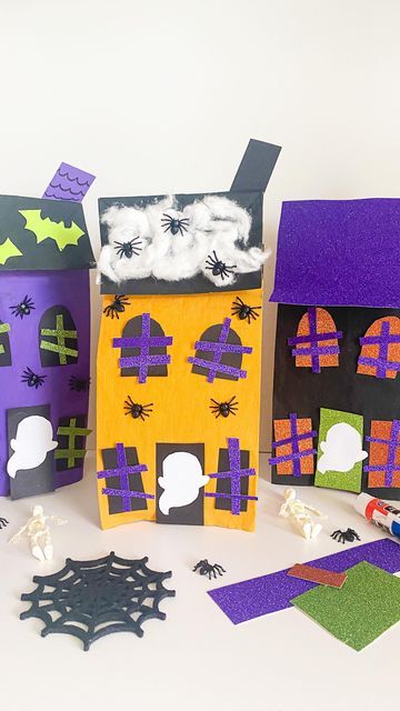 Paper Bag Haunted House, Haunted House Kids Craft, Paper Bag Haunted House Craft, Haunted House Paper Craft, Haunted House Ideas For School, Haunted House Preschool Craft, Haunted House Art For Kids, Haunted House Craft Preschool, Haunted House Preschool