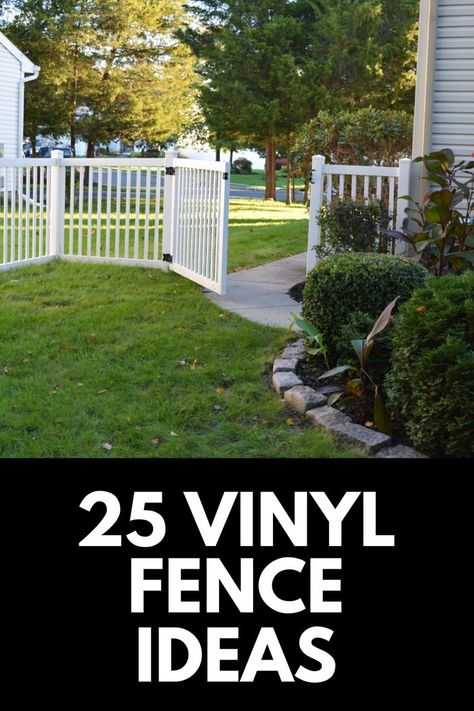 Vinyl fences look great and are easy to clean! Here, we share 25 vinyl fence ideas for your front or backyard! Read more at OwnTheYard.com! Fence Ideas For Small Yard, Vinyl Backyard Fence, Short Backyard Fence, Vinyl Picket Fence Ideas, Black Vinyl Fence Backyard, White Fencing Backyard, Backyard Vinyl Fence Ideas, Vinyl Fence On Sloped Yard, Vinyl Fence Ideas Front Yard