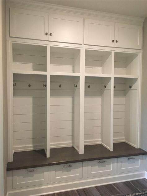 Mudroom Storage Cubbies, Mudroom Locker Ideas Entryway, Under Tv Storage Cabinet, Wood Locker Ideas, Cubby Mudroom Entryway, Cubby Lockers Mud Rooms, Custom Cubby Storage, Vaulted Ceiling Mudroom, Closet To Cubby