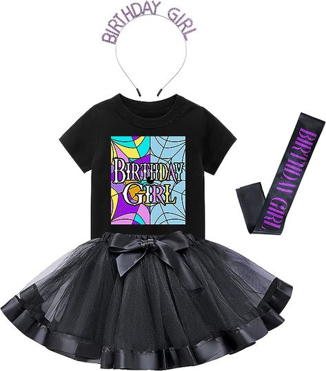 Wednesday Gothic Style Birthday Girl Outfit: T-shirt, Tutu Skirt Dress, Birthday Girl Crown and Satin Sash Wednesday Themed Birthday Party, Gothic Style Outfit, Birthday Girl T Shirt, Style Birthday, Girls Crown, Birthday Girl Outfit, Satin Sash, Dress Birthday, Gothic Style