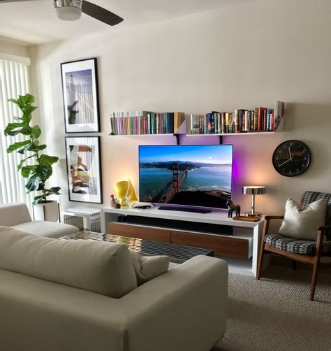 Tech Apartment Decor, Tv Small Apartment, Tv Area Aesthetic, Small Tv Living Room Ideas, Tv In Apartment Living Room, Small Room With Tv, Floating Sofa Living Room Layout, Small Appartment Ideas Living Room, Apartment Tv Setup