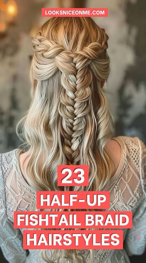 In this article, you’ll discover various half-up fishtail braid hairstyle ideas that are easy to recreate and suitable for different hair types and lengths. Whether you’re aiming for a romantic, boho look or a sleek, polished style, there’s a fishtail braid hairstyle here for you. Fishtail Half Up, Fishtail Braid How To, Fishtail Wedding Hair, Half Up Fishtail Braid, Braided Half Up Half Down Hair, Fishtail Braid Wedding, Boho Bridesmaid Hair, Formal Event Hair, Long Textured Hair