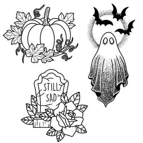 Nicole Harvey on Instagram: “Halloween flash !!! 🎃👻 #tattooflash #halloweentattoo #halloweenflash #pumpkintattoo #ghosttattoo #gravestonetattoo #traditionaltattoo…” Halloween Pinup Tattoo Flash, Halloween Line Work Tattoo, Free Tattoo Stencils, Halloween Tattoo Traditional, Halloween Flash Sheet Tattoo, Fall Flash Tattoo, Flash Halloween Tattoo, Halloween Flash Art, Halloween Tattoo Sleeve