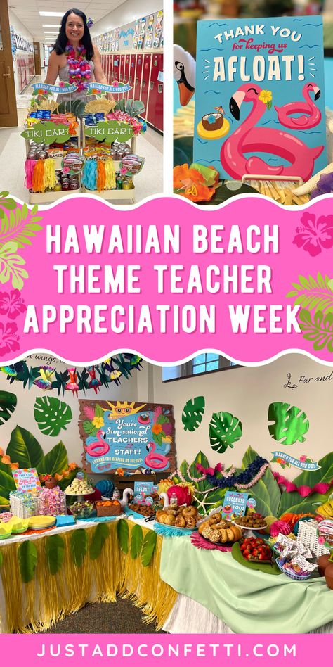 Say aloha to this fun PTA PTO Tropical Hawaiian Beach theme Teacher Appreciation Week. This post is full of creative beach ideas and fun ways to celebrate all of the teachers and staff at your school! Also, I've created a set of tropical beach teacher appreciation printables that are available in my Just Add Confetti Etsy shop. Be sure to head to justaddconfetti.com for even more teacher appreciation ideas and PTA PTO teacher luncheon ideas and themes! Tiki Riffic Teacher Appreciation, Teacher Appreciation Week Hawaiian Theme, Back To School Teacher Luncheon Themes, Under The Sea Teacher Appreciation Theme, Teacher Luncheon Themes, Beach Themed Teacher Appreciation, Beach Theme Teacher Appreciation Week, Teacher Appreciation Week Themes Ideas, Teacher Appreciation Luncheon Ideas