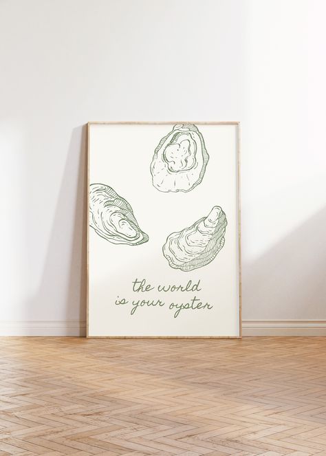 INSTANT DOWNLOAD MEDIA FILE PRINTABLE ART - This is a DIGITAL product (not physical). You will receive a link to download your art after purchasing. This beautiful, originally-designed Aesthetic "The World Is Your Oyster" digital art print is the perfect way to brighten up a room and add some personality. It reflects a bohemian, mid-century, modern, and minimalist style, and makes for the perfect decor for entryways, living rooms, bedrooms, kitchens, bathrooms, dorms, and more! Upon purchase, you will be able to instantly download this print in five different sizes/ratios: 2x3, 3x4, 4x5, 5x7, and 11x14 (more details below). You will therefore receive 5 digital prints in total, all of which are very high quality (300 dpi). These DIGITAL FILES are available through the link provided in the P Oyster Art Print, The World Is Your Oyster Print, The World Is Your Oyster Party, Dinner Party Poster, Wall Art Restaurant, Oyster Print, Beachy Wall Art, Sage Green Wall Art, Restaurant Art