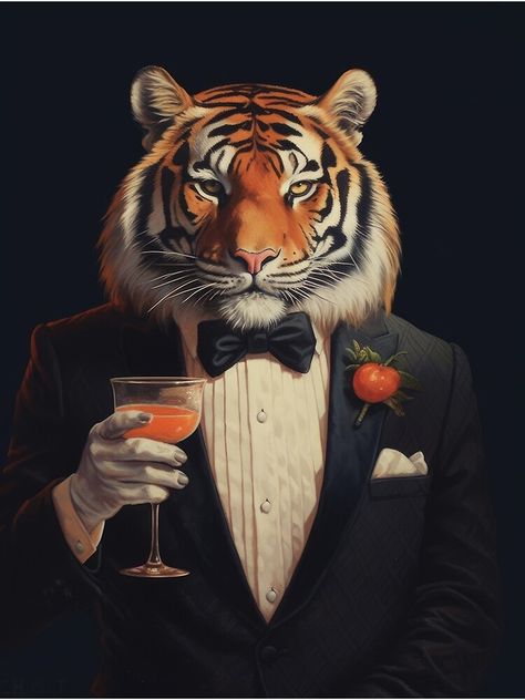 "Cheerrrs! Cocktail Safari - Wildcats and Mixology" Art Print for Sale by MajesticBeasts | Redbubble Animals In Clothes Art, Inkless Printer, Suit Illustration, Lion Character, Costume Concept, Suit Art, Lion Mascot, Lion Artwork, Lion Costume