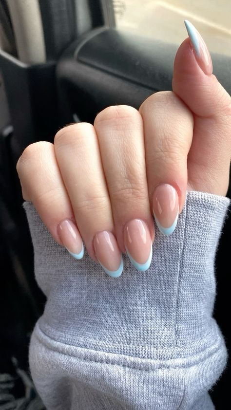 Light Blue Nails With French Tips, Powder Blue Nails French Tip, Pale Blue Tips Nails, Blue French Nails With Design, Baby Blue Almond Nails Designs, Pale Blue French Tip Nails, Dusty Blue French Tip Nails, Baby Blue Tip Nails, Baby Blue Nails French Tip