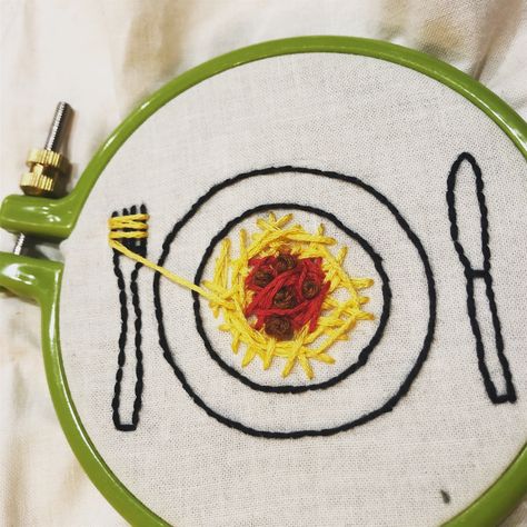 Hand embroidery ideas outside the norm Embroidery Food Ideas, Quirky Embroidery Ideas, Spaghetti Embroidery, Breakfast Embroidery, Pasta Embroidery, Silly Embroidery, Cooking Embroidery, Tshirt Embroidery Ideas, Embroidery Tshirt Ideas