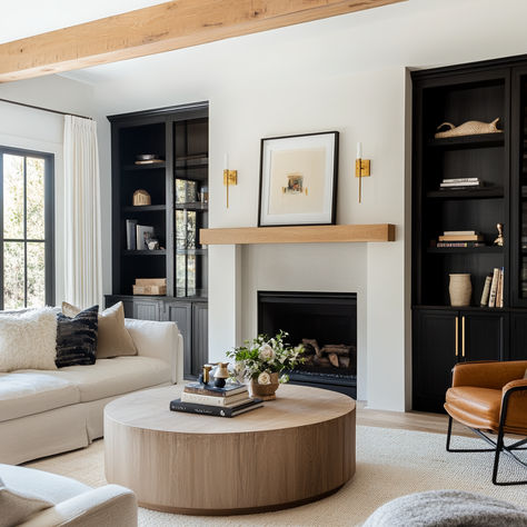 living room with a modern, minimalist aesthetic that combines timeless design elements with cozy touches. Get inspired by this bright and airy space, featuring neutral tones, leather furniture, and wooden accents, creating the perfect environment for relaxing and entertaining. 🌿✨  #InteriorDesign #HomeDecor #LivingRoomInspo #McGeeAndCoStyle #MinimalistDecor #CozyLiving #ModernHome #NeutralPalette #DesignInspiration #HomeStyling #DecorLovers Neutral Wood And Black Living Room, Black And White With Wood Accents Living Room, Living Room Bright And Airy, Black White Oak Living Room, Mixing Wood And Metal Living Room, White Oak And Black Living Room, Black Accent Interior Design, Light Wood Black Accents, Small Mountain House Interior