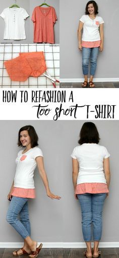 See how to refashion a tshirt that is too short! This easy tshirt refashion idea combines too looks for a fresh new take. Upcycle T Shirts, Gamle T Shirts, T Shirt Makeover, Shirt Makeover, Haine Diy, Tshirt Makeover, Tshirt Refashion, Diy Vetement, T-shirt Refashion