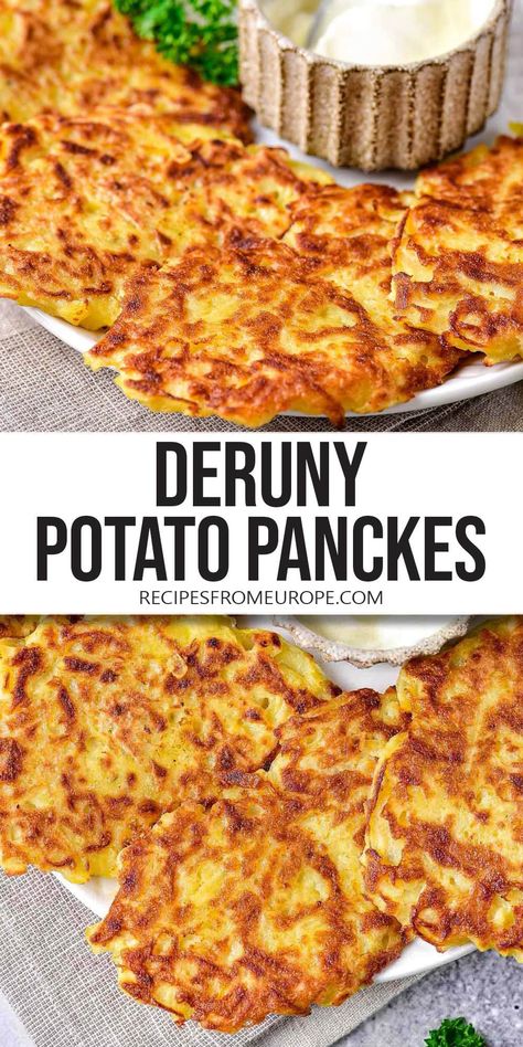 Want to make crispy Deruny? These tasty Ukrainian potato pancakes are so easy to make, deliciously fried, and served with sour cream! Deruny Ukrainian, Crispy Potato Pancakes, Potatoe Pancake Recipe, Potato Juice, Preserving Foods, Idaho Potatoes, Perfect Pancakes, Ukrainian Recipes, German Recipes