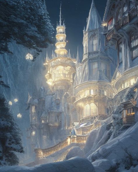 beautiful snowy mountain Snow Mountain City Fantasy Art, Fantasy Snow Kingdom Aesthetic, Fantasy Snow Castle, Snowy City Fantasy Art, Snowy Castle Fantasy Art, Snowy Kingdom Fantasy Art, Fantasy Ice Kingdom Aesthetic, Winter Fantasy Castle, Snowy Kingdom Aesthetic