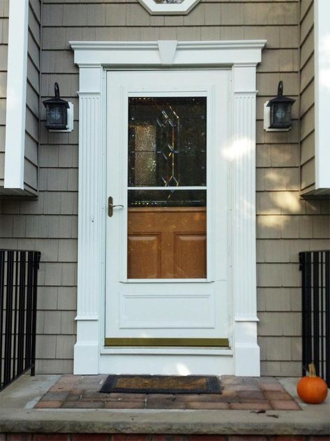 Front Door Molding Exterior Diy, Front Door Surround Ideas, Front Door Trim Exterior, Patio Door Trim, Foam Moulding, Front Door Trims, Craftsman Exterior Door, Front Door Molding, Outside House Paint