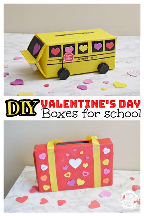 Milk Carton Valentine Boxes, School Bus Valentine Box Ideas, Cereal Box Valentine Boxes, Homemade Valentine Boxes, Valentines Diy Kids, Kids Valentine Boxes, Homemade Valentine, School Kids Activities, School Valentines