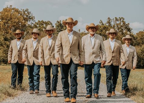 Tan Suit Cowboy Wedding, Grooms In Jeans And Boots, Cream Groomsmen Attire With Jeans, Tan Vest And Blue Jeans Wedding, Tan Sports Coat With Jeans Wedding, Boho Groomsmen Attire Jeans, Tan Suit With Jeans Wedding, Groom And Groomsmen Attire Tan, Western Groomsmen Attire Tan