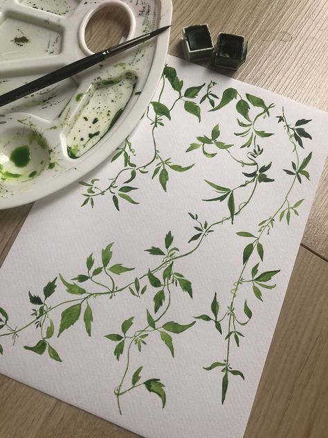 Drawing Ideas Leaves, Watercolor Vines Leaves, Vine And Flower Painting, Green Flower Watercolor, Leaves In The Wind Tattoo, How To Paint Ivy Vines Easy, Leaves Aesthetic Drawing, Watercolour Vines, Flower Vine Painting