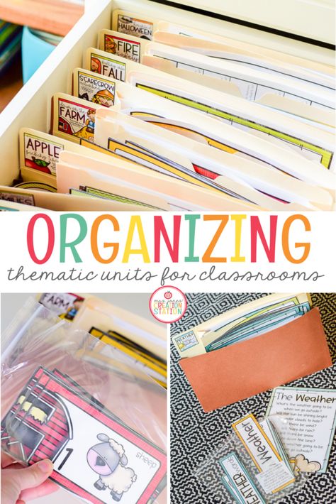 Organizing Worksheets Classroom, Thematic Units Preschool, Preschool Teacher Desk Organization, How To Organize Curriculum, Mrs Jones Creation Station, Preschool Office Organization, Lesson Plan Storage Ideas, Creative Curriculum Organization, Kindergarten Thematic Units