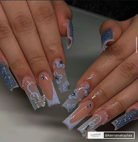 Birthday Nail Ideas, Cinderella Nails, Glamorous Birthday, Sweet 16 Nails, Blue Prom Nails, Blue And Silver Nails, Acrylic Nails Ideas, Birthday Nail Designs, Quinceanera Nails