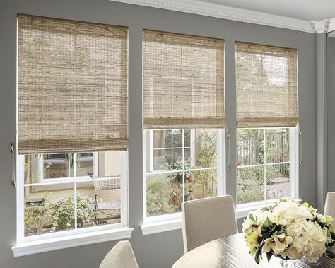 Woven wood shades look great in any room. Add a liner behind it or even a roller shade for added privacy or room darkening. #budgetblinds #wovenwoodshades #michiganbudgetblinds #windowtreatments #windowcoverings #custommadeshades #livoniablinds #brightonmiblinds Kitchen Window Treatments Ideas, Sunroom Blinds, Woven Blinds, Blinds Ideas, Window Treatments Ideas, Bedroom Blinds, Woven Wood Shades, Window Treatments Living Room, Blinds Design