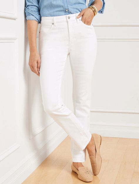 High-Waist Straight-Leg Jeans - White | Talbots White Jeans Outfit Winter, Straight Leg White Jeans, White Straight Leg Jeans, How To Wear White Jeans, White Jeans Winter, High Waisted Straight Leg Jeans, White Boyfriend Jeans, Tall Pants, White Denim Jeans