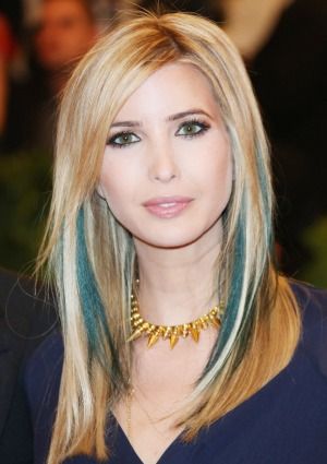 Ivanka Trump. Her blue highlights in blonde hair look pretty! Blonde Hair With Blue Highlights, Hairstyle Twist, Blue And Green Hair, Decent Hairstyle, Blue Hair Highlights, Hairstyle Simple, Beige Blond, Hair 101, Hairstyle Hairstyle