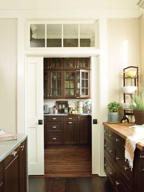 Dining Room Curtains, Built In Cabinet, Southern Living Homes, Transom Windows, Pocket Door, Living Room Bookcase, Beach Cottage Style, Butler's Pantry, Elements Of Style