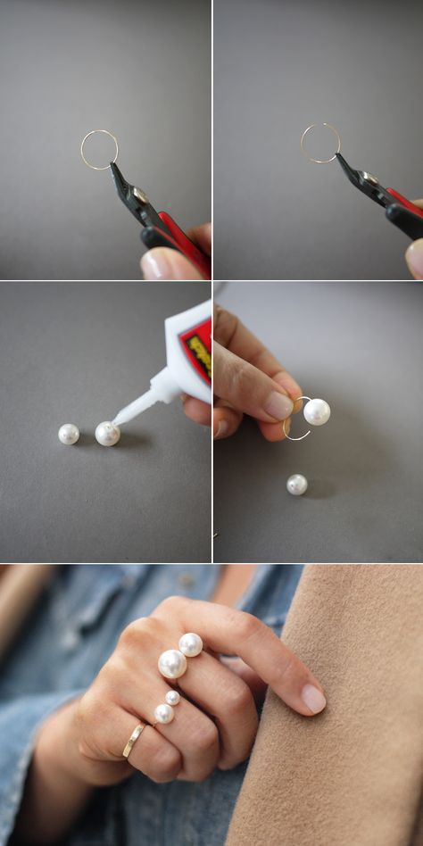 DIY double pearl ring Anel Tutorial, Cincin Diy, Chanel Ring, Diy Jewelry Rings, Diy Ring, Diy Jewlery, Ring Tutorial, Pearls Diy, Diy Rings