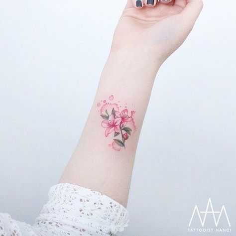 Watercolor Azalea Flower Tattoo by Tattooist Nanci Korean Watercolor, Minimalist Tattoo Meaning, Korean Tattoo, Korean Tattoo Artist, Tattoo Tiny, Paris Tattoo, Typography Tattoo, Azalea Flower, Delicate Tattoo