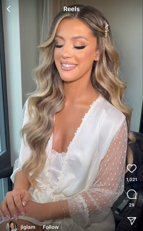 Wedding Hair Down To Side, One Sided Wedding Hairstyles, Bridesmaid Hairstyles Down One Side, Wedding Hair Down With Clip, Wedding Hair Down Hollywood Curls, Long Veil Hair Down, Hair Down One Side Pinned Back, Wedding Hair Off Shoulder Dress, Middle Part Curls Wedding