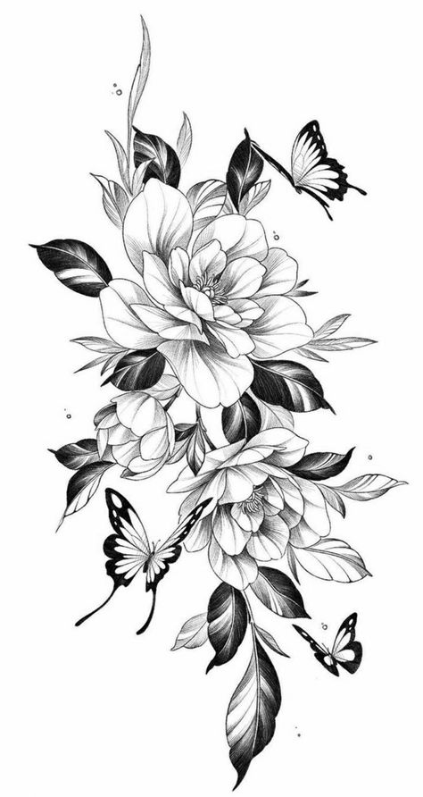 Butterfly Flowers Tattoo Design, Flower Designs Tattoo, Butterfly Floral Tattoo, Floral Butterfly Tattoo Design, Black And White Floral Background, Flower Tattoos Designs, 심플한 그림, Flower Tattoo Drawings, Inspiration Tattoos