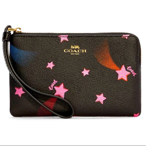 Coach Bestseller!! Nwt Corner Zip Wristlet In A Fabulous Disco Star Print. This Wristlet Is Really Cute. Great Gift Idea. Limited Edition. Freetime Activities, Pink Wristlet, Cute Wallets, Black Wristlet, Coach Wristlet, Wristlet Wallet, Coach Leather, Leather Wristlet, Leather Pouch