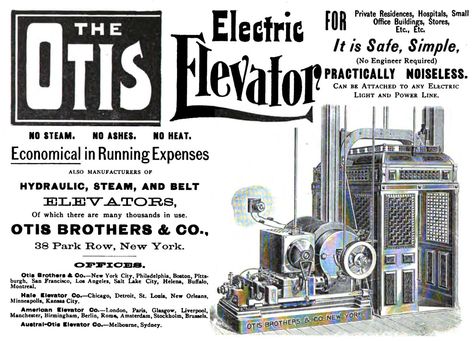 Otis Elevator Co. electric elevator advertisement c1890s Elevator Decor, Elevator Aesthetic, Vintage Elevator, Deck Sealer, Behind The Green Door, Residential Elevator, Deck Stain Colors, Otis Elevator, Deck Railing Systems