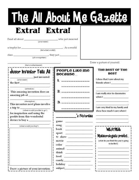 All About Me Gazette! This is more in depth and we could do a lesson on how people write stories that capture their audiences attention before doing this activity. Great idea where students can write and we can all learn about one another. Classroom English, Bulletin Boards Theme, Christian Classroom, Rock Projects, All About Me Worksheet, School Start, Business Activities, Book Reports, Beginning Of Year