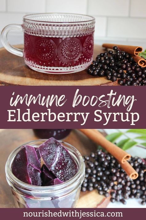 Boost your immune system with this easy homemade elderberry syrup recipe! Made with fresh or dried berries, raw honey, and cinnamon, this syrup is a holistic remedy for cold and flu season. Learn how to make and store this immune-boosting syrup at home. It’s a simple, natural way to reduce symptoms and keep your immune health strong all year long. Elderberry Honey Syrup Recipe, Recipe For Elderberry Syrup, Elderberry Syrup Recipe Instant Pot, Elder Berry Syrup Recipe, Elderberry Wellness Shots, Elderberry Cough Drops, Best Elderberry Syrup Recipe, Elderberry Immunity Shots, Fresh Elderberry Syrup Recipe