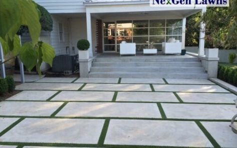 Lawn Flooring Ideas, Artificial Grass Between Pavers, Concrete And Grass Patio, Concrete That Looks Like Pavers, Pavers With Artificial Grass In Between, Grass And Pavers Backyard Ideas, Cement Pavers Patio, Pavers With Turf In Between, Concrete Pavers Backyard