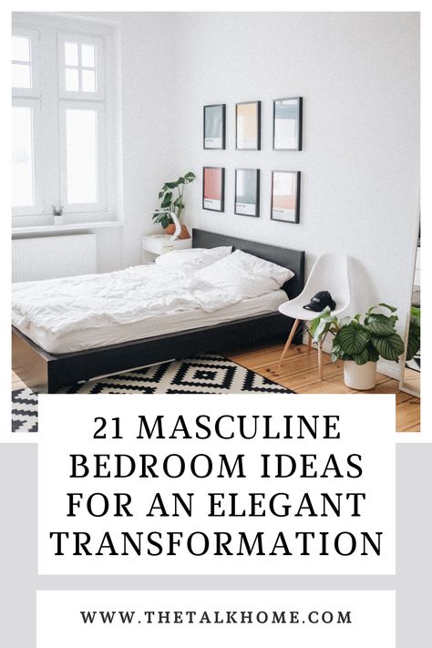 Transform your bedroom into a masculine oasis with these 21 elegant ideas! Masculine Romantic Bedroom, Small Masculine Bedroom, Male Room Ideas Masculine Bedrooms, Mens Bedroom Ideas Masculine Interior, Bright White Walls, Male Room Ideas, Masculine Bedroom Ideas, Masculine Bedroom Design, Masculine Bedroom