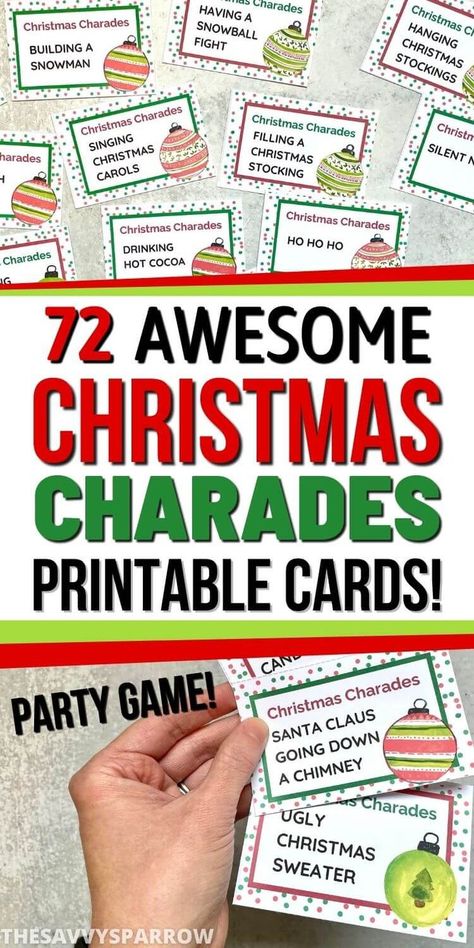 Need easy Christmas games for a crowd to play at your next holiday party? This printable Christmas Charades game is awesome for both kids and adults! Just print the cute charades word cards, cut them out, and add them to a bowl. Split in to teams and take turns picking out a holiday charades game card to act out. A super easy and fun Christmas party game that you can print at home for last minute activities! Christmas Amazing Race, Christmas Dares Game, Holiday Charades For Adults, Middle School Christmas Games, Christmas Pictionary For Kids, Christmas Day Games For Adults, Holiday Games For Teens, Easy Christmas Games For Kids At School, Christmas Charades For Adults