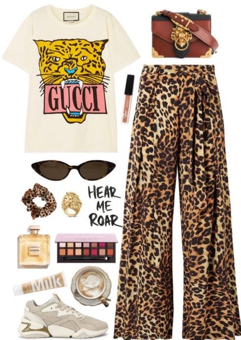 Gucci Tee Outfit, Leopard Pants Outfit Summer, Leopard Trousers Outfit, Pattern Pants Outfit, Gucci Tee, Leopard Trousers, Polyvore Summer, Hear Me Roar, Mode Hippie