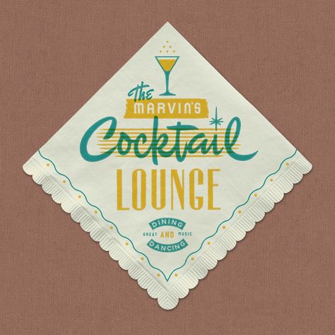 Marvin's cocktail lounge on Behance French Cocktails, Lounge Logo, Bar Napkins, Cocktail Lounge, Cocktail Club, Bar Logo, Napkin Design, Restaurant Branding, Learning Design