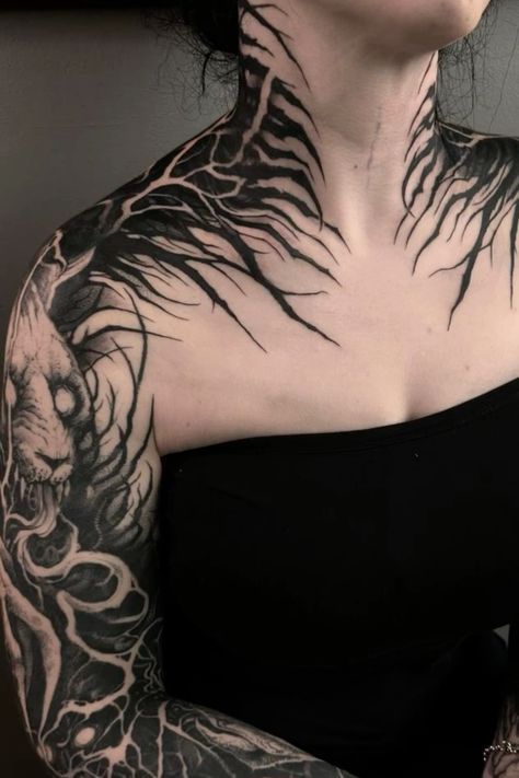 Neotribal Neck Tattoo, Back Tattoos For Guys Spine, Full Neck Tattoos, Fierce Tattoo, Shoulder Cap Tattoo, Clavicle Tattoo, Organic Tattoo, Wicked Tattoos, Chest Piece Tattoos