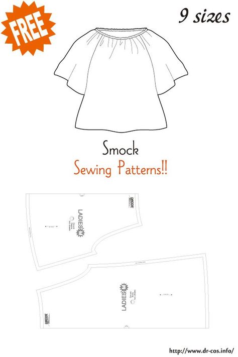 Smock Pattern Free, Free Shirt Patterns For Women, Drcos Patterns, Smock Dress Pattern, Smock Pattern, Sewing Patterns Free Women, Blouse Sewing Pattern, Free Pdf Sewing Patterns, Blouse Sewing